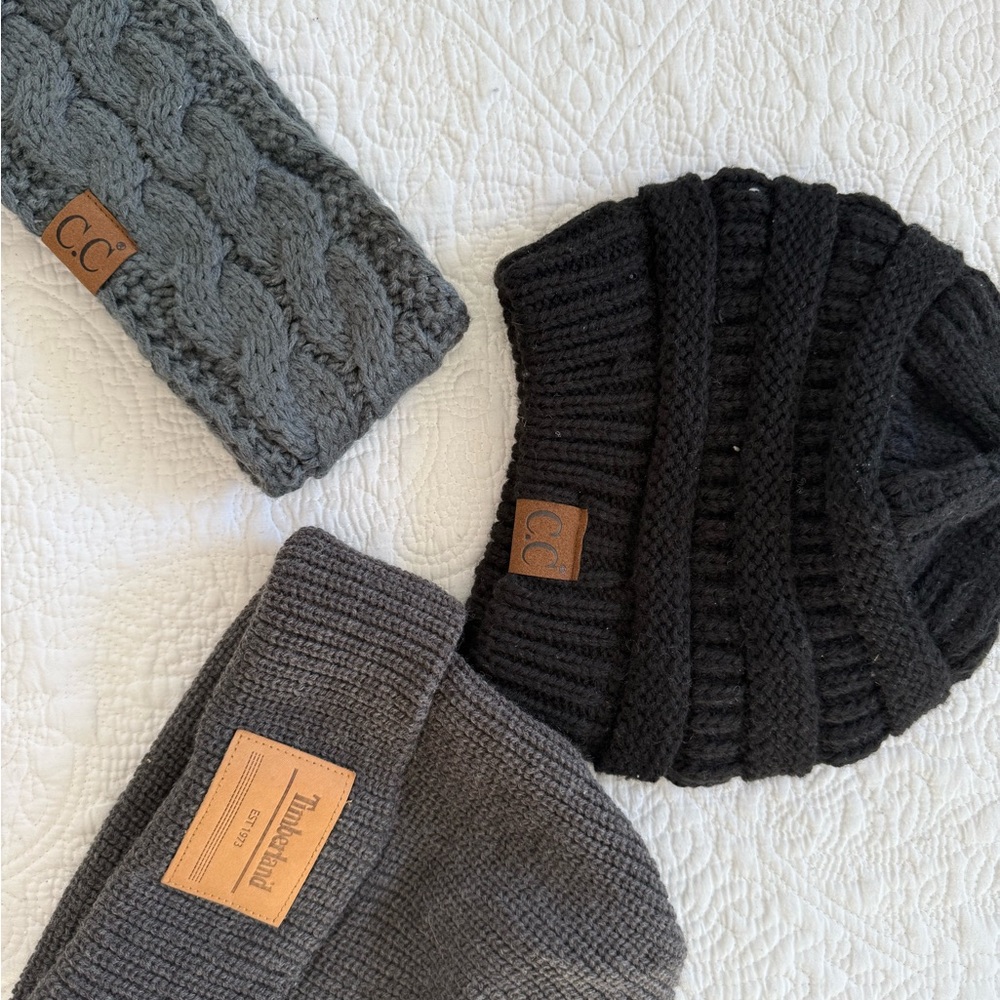 C.C Black and Gray Knit Beanie Set with Timberland Had